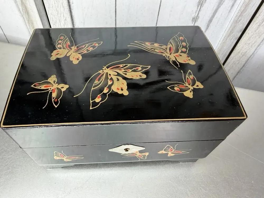 VTG Japanese Lacquered Hand Painted Butterfly Jewelry Music Box Faceted Mirror